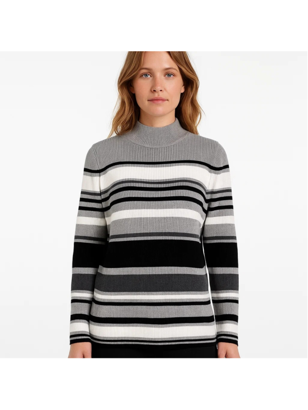 Karen Scott Size Small Mock Neck Striped Ribbed Sweater Gray 100% Cotton NWT